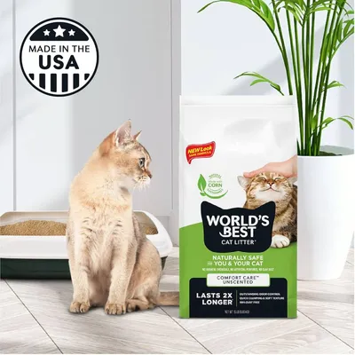 Bag of World’s Best Cat Litter with text: naturally safe, comfort care unscented, lasts 2x longer, made in the USA. Cat sitting beside litter tray and product bag.