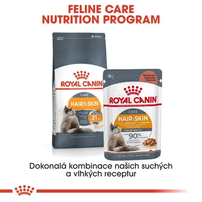 ROYAL CANIN CARE HAIR & SKIN suché a vlhké krmivo pro kočky, balení 85 g a větší. Text: Dokonalá kombinace našich suchých a vlhkých receptur.
