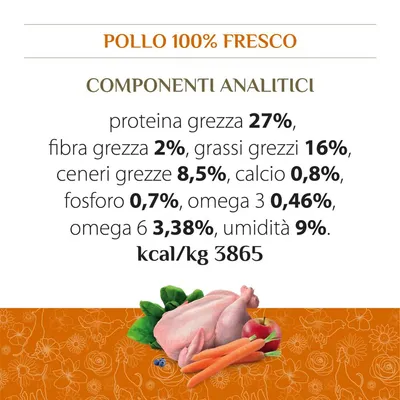 Pollo 100% fresco. Componenti analitici: proteina grezza 27%, fibra grezza 2%, grassi grezzi 16%, ceneri grezze 8,5%, calcio 0,8%, fosforo 0,7%, omega 3 0,46%, omega 6 3,38%, umidità 9%. kcal/kg 3865.