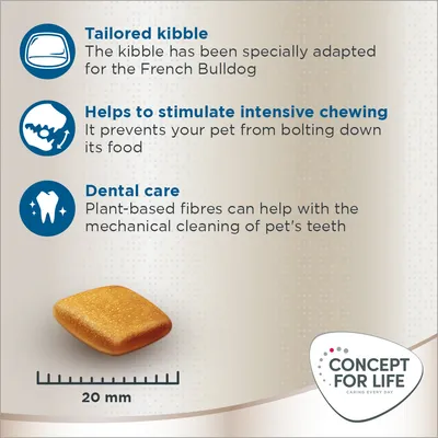 Kibble adapted for French Bulldog, helps stimulate intensive chewing to prevent fast eating, plant-based fibres support dental care. Kibble size shown as 20 mm.