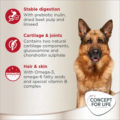 Concept for Life. Stable digestion: with prebiotic inulin, dried beet pulp and linseed. Cartilage & joints: glucosamine and chondroitin sulphate. Hair & skin: Omega-3, omega-6, vitamin B complex.