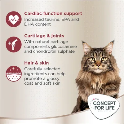 Cardiac function support with increased taurine, EPA and DHA; cartilage and joints with glucosamine and chondroitin sulphate; hair and skin for glossy coat and soft skin. Concept for Life.