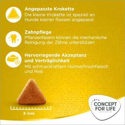 Angepasste Krokette für kleine Hunderassen, Zahnpflege durch Pflanzenfasern, hervorragende Akzeptanz mit Hühnerfrischfleisch und Reis. Grösse der Krokette: 5 mm. Concept for Life Logo sichtbar.