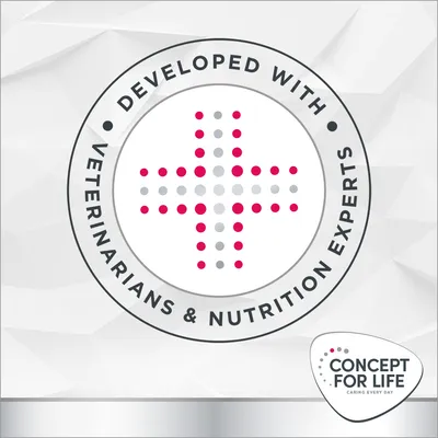 Texte en anglais : Developed with veterinarians & nutrition experts. Marque Concept for Life Caring Every Day visible en bas à droite.