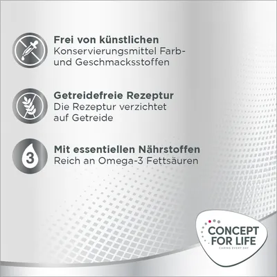 Frei von künstlichen Konservierungsmitteln, Farb- und Geschmacksstoffen. Getreidefreie Rezeptur. Mit essentiellen Nährstoffen, reich an Omega-3 Fettsäuren. Concept for Life Logo sichtbar.