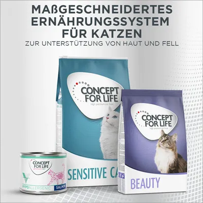 Massgeschneidertes Ernährungssystem für Katzen zur Unterstützung von Haut und Fell. Concept for Life Sensitive Cats, Beauty und Hypoallergenic Salmon.