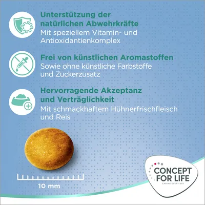 Unterstützung der Abwehrkräfte mit Vitamin- und Antioxidantienkomplex. Frei von künstlichen Aromastoffen, Farbstoffen und Zuckerzusatz. Akzeptanz mit Hühnerfrischfleisch und Reis. Grösse: 10 mm.