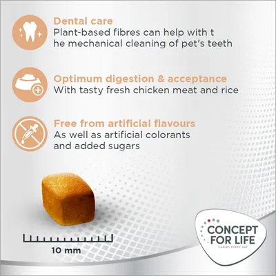 Product features: dental care with plant-based fibres, optimum digestion with chicken and rice, free from artificial flavours, colourants and added sugars. Kibble size shown as 10 mm.