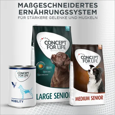 Concept for Life Large Senior, Medium Senior et Mobility. Texte en haut : MAßGESCHNEIDERTES ERNÄHRUNGSSYSTEM, FÜR STÄRKERE GELENKE UND MUSKELN. Emballages avec chiens illustrés.