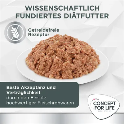 Wissenschaftlich fundiertes Diätfutter, getreidefreie Rezeptur. Beste Akzeptanz und Verträglichkeit durch hochwertige Fleischrohware. Marke: Concept for Life.