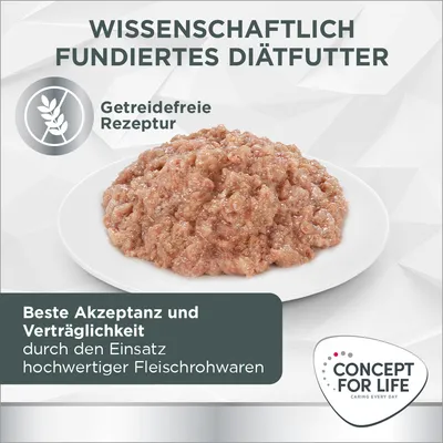 Wissenschaftlich fundiertes Diätfutter, getreidefreie Rezeptur. Beste Akzeptanz und Verträglichkeit durch hochwertige Fleischrohware. Marke: Concept for Life.