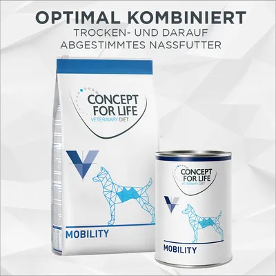 Concept for Life Veterinary Diet Mobility. Trocken- und darauf abgestimmtes Nassfutter für Hunde. Verpackung mit geometrischem Hundedesign.