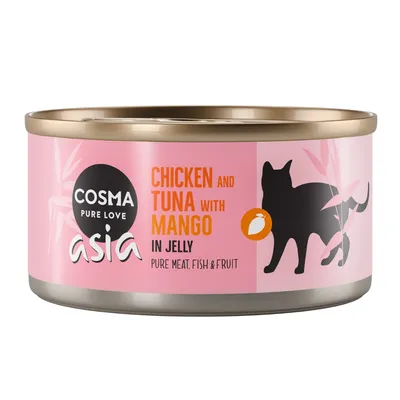 Boîte Cosma Pure Love Asia, Chicken and Tuna with Mango in Jelly, pure meat, fish & fruit. Illustration de chat noir et mangue sur fond rose.