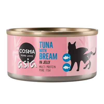 Cosma Pure Love Asia kattenvoer, Tuna with Bream in Jelly, multi protein pure fish. Blik met roze etiket en zwarte kat silhouet.