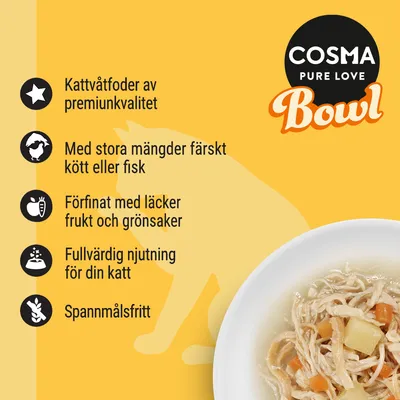 COSMA Pure Love Bowl. Kattvåtfoder av premiumkvalitet, stora mängder färskt kött eller fisk, förfinat med frukt och grönsaker, fullvärdig njutning, spannmålsfritt.