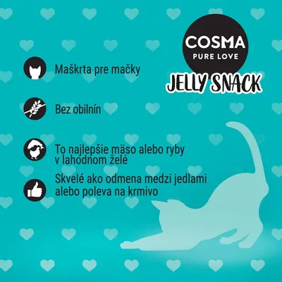 COSMA PURE LOVE JELLY SNACK. Maškrta pre mačky, bez obilnín, najlepšie mäso alebo ryby v želé, vhodné ako odmena medzi jedlami alebo poleva na krmivo.