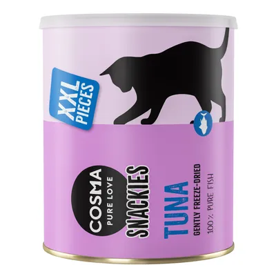 Cosma Pure Love Snackies tonnikala, XXL-kokoiset palat, hellävaraisesti pakastekuivattu, 100 % puhdasta kalaa. Violetti pakkaus mustalla kissasiluetilla.