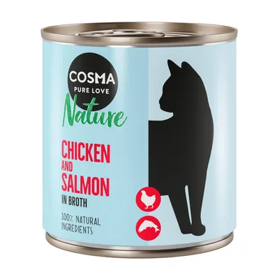 Cosma Nature kattenvoer, kip en zalm in bouillon, 100% natuurlijke ingrediënten. Silhouet van een kat en iconen voor kip en zalm.