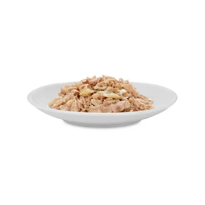 Portion helles, zerkleinertes Fleisch auf weißem Teller, servierfertig angerichtet.