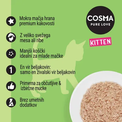 COSMA PURE LOVE KITTEN. Mokra mačja hrana premium kakovosti, veliko svežega mesa ali ribe, manjši koščki za mlade mačke, en živalski vir beljakovin, brez umetnih dodatkov.
