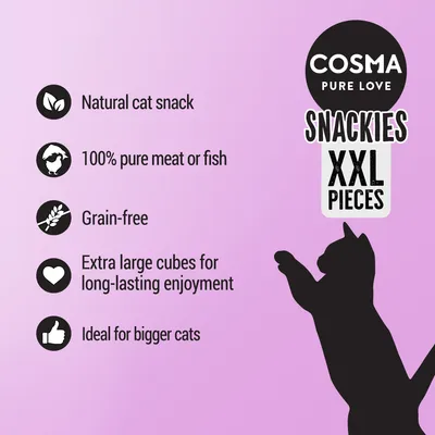 COSMA PURE LOVE SNACKIES XXL PIECES. Natural cat snack, 100% pure meat or fish, grain-free, extra large cubes for long-lasting enjoyment, ideal for bigger cats. Teksti englanniksi.