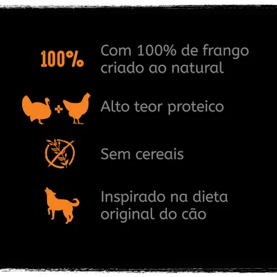 Com 100% de frango criado ao natural, alto teor proteico, sem cereais, inspirado na dieta original do cão.