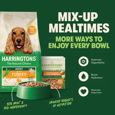Harringtons The Natural Choice Adult Rich in Turkey & Veg, Tasty Chicken & Farm-Grown Veg. 90% meat and vegetable ingredients, crunchy Nuggets of Nutrition, improved digestibility.
