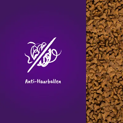 Texte en allemand : Anti-Haarballen, avec un symbole de boule de poils barrée à gauche et croquettes marron à droite.