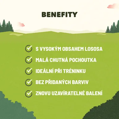 Text v češtine: Benefity – s vysokým obsahem lososa, malá chutná pochoutka, ideální při tréninku, bez přidaných barviv, znovu uzavíratelné balení.