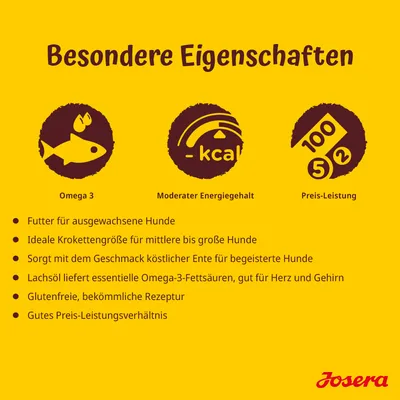 Besondere Eigenschaften: Omega-3-Fettsäuren, moderater Energiegehalt, gutes Preis-Leistungs-Verhältnis. Glutenfrei, bekömmliche Rezeptur, ideal für mittelgrosse bis grosse Hunde.
