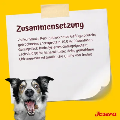 Zusammensetzung: Vollkornmais, Reis, getrocknetes Geflügelprotein, Entenprotein 10%, Rübenfaser, Geflügelfett, Lachsöl 0,8%, Mineralstoffe, Hefe, Chicorée-Wurzel. Marke: Josera.