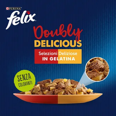 Purina Felix Doubly Delicious Selezioni Deliziose in Gelatina, senza coloranti. Immagine di cibo per gatti a pezzi servito in una ciotola arancione e gialla.