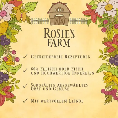 Rosie's Farm. Getreidefreie Rezepturen, 60% Fleisch oder Fisch und hochwertige Innereien, sorgfältig ausgewähltes Obst und Gemüse, mit wertvollem Leinöl. Teksti saksaksi.