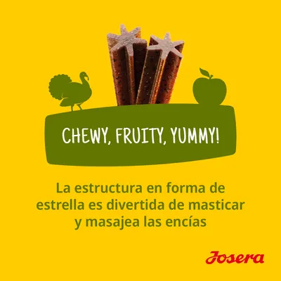 CHEWY, FRUITY, YUMMY! La estructura en forma de estrella es divertida de masticar y masajea las encías. Josera.