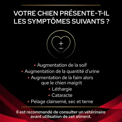 Votre chien présente-t-il les symptômes suivants ? Soif, urine et faim augmentées, amaigrissement, léthargie, cataracte, pelage clairsemé. Consultez un vétérinaire avant utilisation de cet aliment.