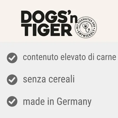 DOGS'n TIGER, contenuto elevato di carne, senza cereali, made in Germany. Testo aggiuntivo in tedesco: MIT TIERÄRZTEN UND ERNÄHRUNGSEXPERTEN ENTWICKELT.