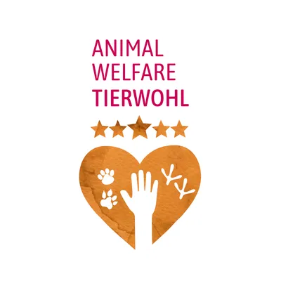 Animal Welfare Tierwohl, five stars, heart with hand, paw prints and bird footprint. Indicates animal welfare rating or certification.