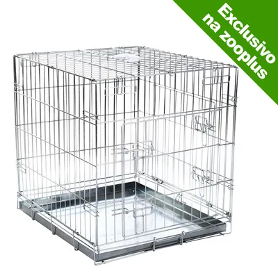 Gaiola metálica retangular com tabuleiro removível na base. Texto visível: Exclusivo na zooplus.