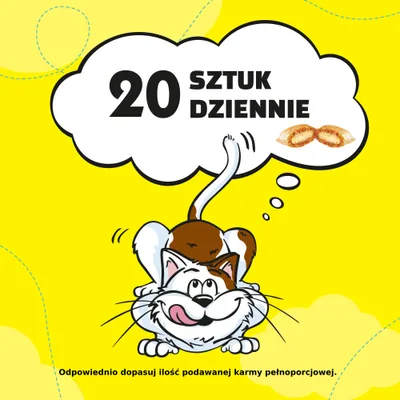 20 sztuk dziennie. Odpowiednio dopasuj ilość podawanej karmy pełnoporcjowej.