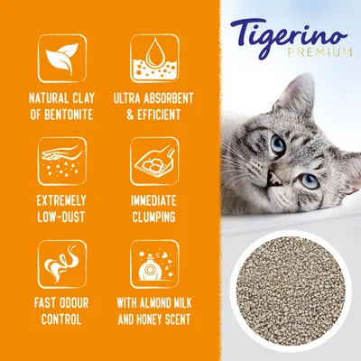 Tigerino Premium. Natural clay of bentonite, ultra absorbent & efficient, extremely low-dust, immediate clumping, fast odour control, with almond milk and honey scent.