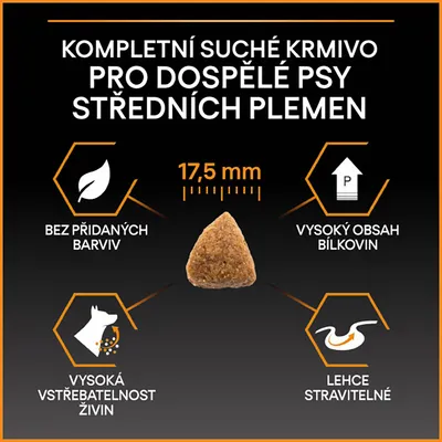 Kompletní suché krmivo pro dospělé psy středních plemen, granule 17,5 mm, bez přidaných barviv, vysoký obsah bílkovin, vysoká vstřebatelnost živin, lehce stravitelné.