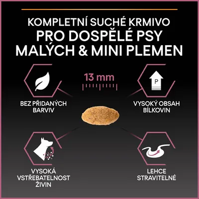 Kompletné suché krmivo pre dospelé psy malých a mini plemien, veľkosť granuly 13 mm, bez pridaných farbív, vysoký obsah bielkovín, vysoká vstrebateľnosť živín, ľahko stráviteľné. Text v češtine.
