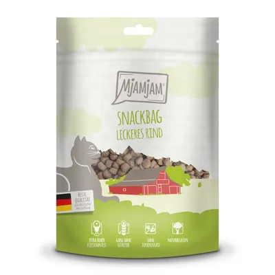 Mjamjam Snackbag Lækkert Oksekød, ekstra højt kødindhold, helt uden korn, uden tilsat sukker, naturlig, bedste kvalitet fra tysk produktion. Mjamjam Snackbag Lækkert Oksekød, ekstra højt kødindhold, helt uden korn, uden tilsat sukker, naturlig, bedste kvalitet fra tysk produktion.