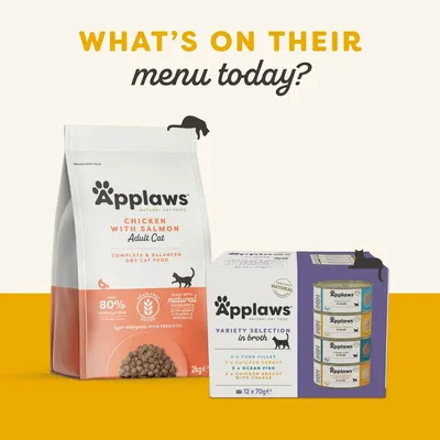 Karma dla kota Applaws: sucha Chicken with Salmon Adult Cat 2 kg oraz zestaw mokrej Variety Selection in Broth 12×70 g. Widoczne napisy i składniki na opakowaniach.