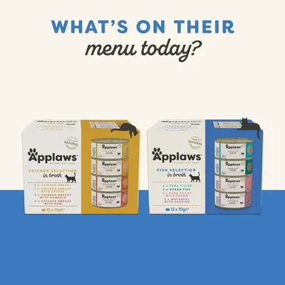 Applaws Chicken Selection in Broth and Applaws Fish Selection in Broth cat food multipacks, 12 x 70g each. Visible flavours listed on front of packs. Text: WHAT’S ON THEIR menu today?