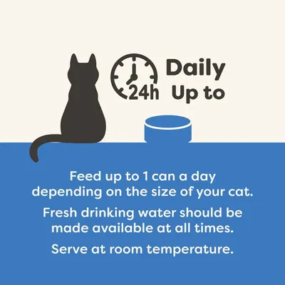 Tekst w języku angielskim: Feed up to 1 can a day depending on the size of your cat. Fresh drinking water should be made available at all times. Serve at room temperature.