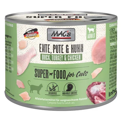 MAC's Super Food for Cats, duck, turkey & chicken. Grain-free, high meat content. Complete food for adult cats. Made in Germany.