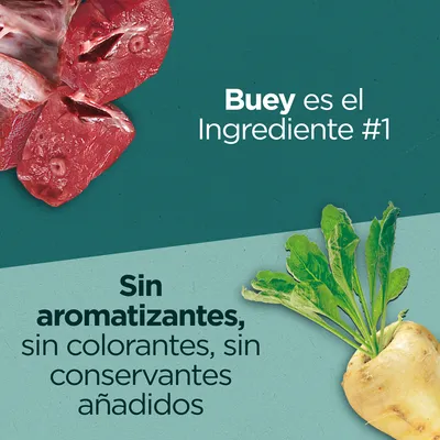 Buey es el ingrediente #1. Sin aromatizantes, sin colorantes, sin conservantes añadidos.