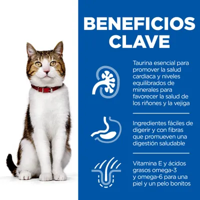 BENEFICIOS CLAVE: taurina esencial para salud cardiaca y renal, ingredientes fáciles de digerir con fibras, vitamina E y ácidos grasos omega-3 y omega-6 para piel y pelo bonitos.