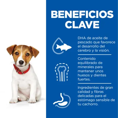 Beneficios clave: DHA de aceite de pescado para el desarrollo cerebral y visual, minerales equilibrados para huesos y dientes fuertes, ingredientes y fibras delicadas para cachorros.